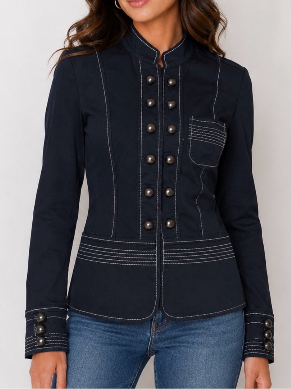 Women’s Black military-style fitted jacket -Style Button gold metallic button SM